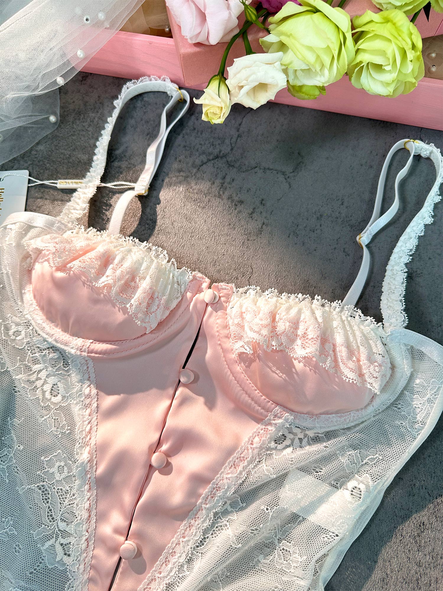 Pink And White Lace Bodysuit Sexy Lingerie For Women Hello.LA.Girl